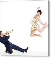 Man Blowing Woman Away With Trumpet Canvas Print