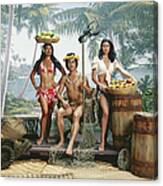 Man Holding Stick And Woman With Basket Canvas Print