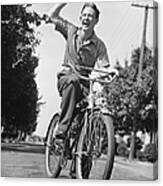 Man Riding Bicycle, Waving, B&w Canvas Print