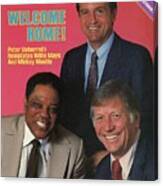 Mlb Commissioner Peter Ueberroth, Willie Mays, And Mickey Sports Illustrated Cover Canvas Print