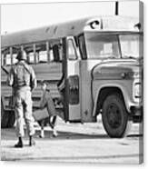 National Guardsman Meeting School Bus Canvas Print