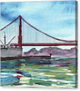Naval Ship At Golden Gate Bridge Watercolor Canvas Print