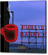 Neon Sign For Caf And Market At Dusk Canvas Print