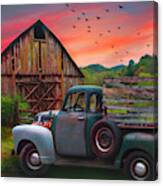 Old Truck At The Barn Watercolors Painting Canvas Print