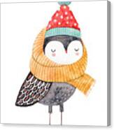 Owl In A Scarf And Hat - Watercolor Canvas Print