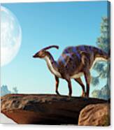 Parasaurolophus On A Rock Under The Moon Canvas Print