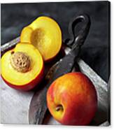 Peaches With Knife On Tray, Close Up Canvas Print
