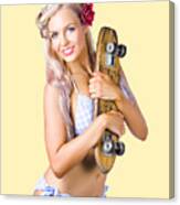 Pinup Woman In Bikini Holding Skateboard Canvas Print