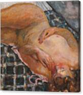Reclining Nude Against A White And Blue Canvas Print