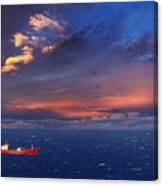 Red Ship In The Sea At Sunset Canvas Print