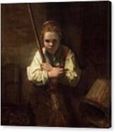 Rembrandt Workshop -possibly Carel Fabritius- A Girl With A Broom. Canvas Print