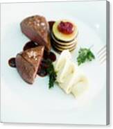 Saddle Of Venison With A Dark Sauce, Mashed Potatoes And An Apple And Cranberry Tower Canvas Print