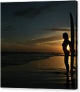 Sexy Silhouette Surfing Sunset At Beach Canvas Print