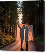 Silhouette Of Couple Holding Blanket Canvas Print