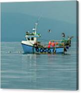 Small Fishing Boat With Lobster Pods And Seagulls On Calm Atlantic In Front Of The Hebride Islands Canvas Print