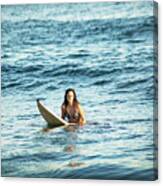 Smiling Woman Surfboarding In Sea Canvas Print