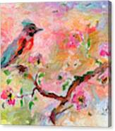 Song Bird And Pink Blossoms Digital Impressionism Canvas Print