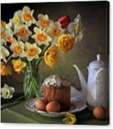 Still Life With A Bouquet Of Daffodils And Easter Bread Canvas Print