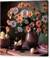 Still Life With Daisies And Apples Canvas Print