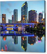 Tampa Skyline At Dawn Over The Riverwalk 1x1 Canvas Print