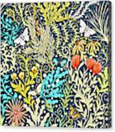 Tapestry Design, With Butterflies, Autumn Colored Foliage On A Dark Blue Background Canvas Print