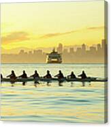 Team Rowing Boat In Bay Canvas Print