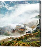Terraced Rice Field And Village In The Canvas Print