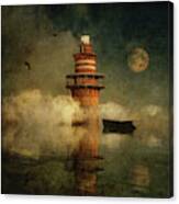 The Lonely Lighthouse In The Fog With Full Moon Canvas Print