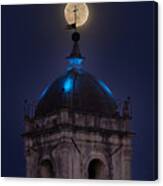 The Yellow Moon Behind The Bell's Tower Cross Canvas Print