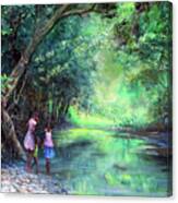 Three Children By The River Canvas Print