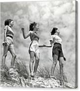 Three Women Standing On Beach, Holding Canvas Print