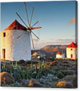 Traditional Windmills Near Chora Village On Amorgos Island In Greece. Canvas Print