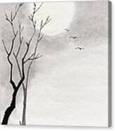 Trees And Moon, Ink Painting, Vignette Canvas Print