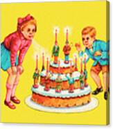 Two Children And A Large Birthday Cake Canvas Print