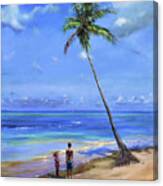 Two Children By Coconut Tree Canvas Print