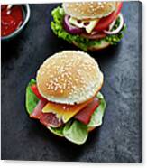 Two Prepared Burgers, Mustard And Canvas Print