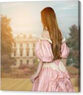 Victorian Woman In A Pink Dress With Mansion And Grounds Canvas Print