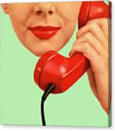 Woman Holding Red Phone To Hear Ear Canvas Print
