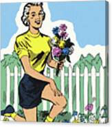 Woman Picking Flowers In A Garden Canvas Print