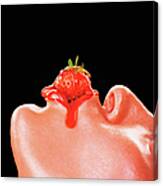 Woman With Strawberry Between Lips Canvas Print