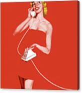 Woman Wrapped In Towel Talking On Telephone Canvas Print