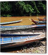 Wooden Boat On River In Laos Canvas Print