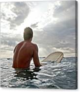 Young Man On Surfboard In Water Looking Canvas Print
