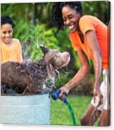 Mother And Son Bathing Dog #1 Canvas Print