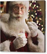 Santa Claus Holding Biscuit And Glass Of Milk, Portrait, Close-up #1 Canvas Print
