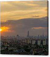 View Of Sunset At Downtown Kuala Lumpur. Its Modern Skyline Is Dominated By The 451m Tall Petronas Twin Towers, Pair Of Of Glass-and-steel-clad Skyscraper. #1 Canvas Print