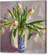 Tulips In Blue Glass #2 Canvas Print
