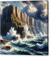 A Dramatic Cliffside Coastal View With Waves Crashing Against The Rocks Canvas Print