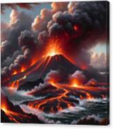 A Fiery Volcano Erupting On A Remote Island With Lava Flowing Into The Sea Canvas Print