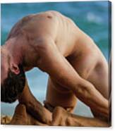 A Handsome Flexible Male Surfer In A Difficult Yoga Pose. Canvas Print